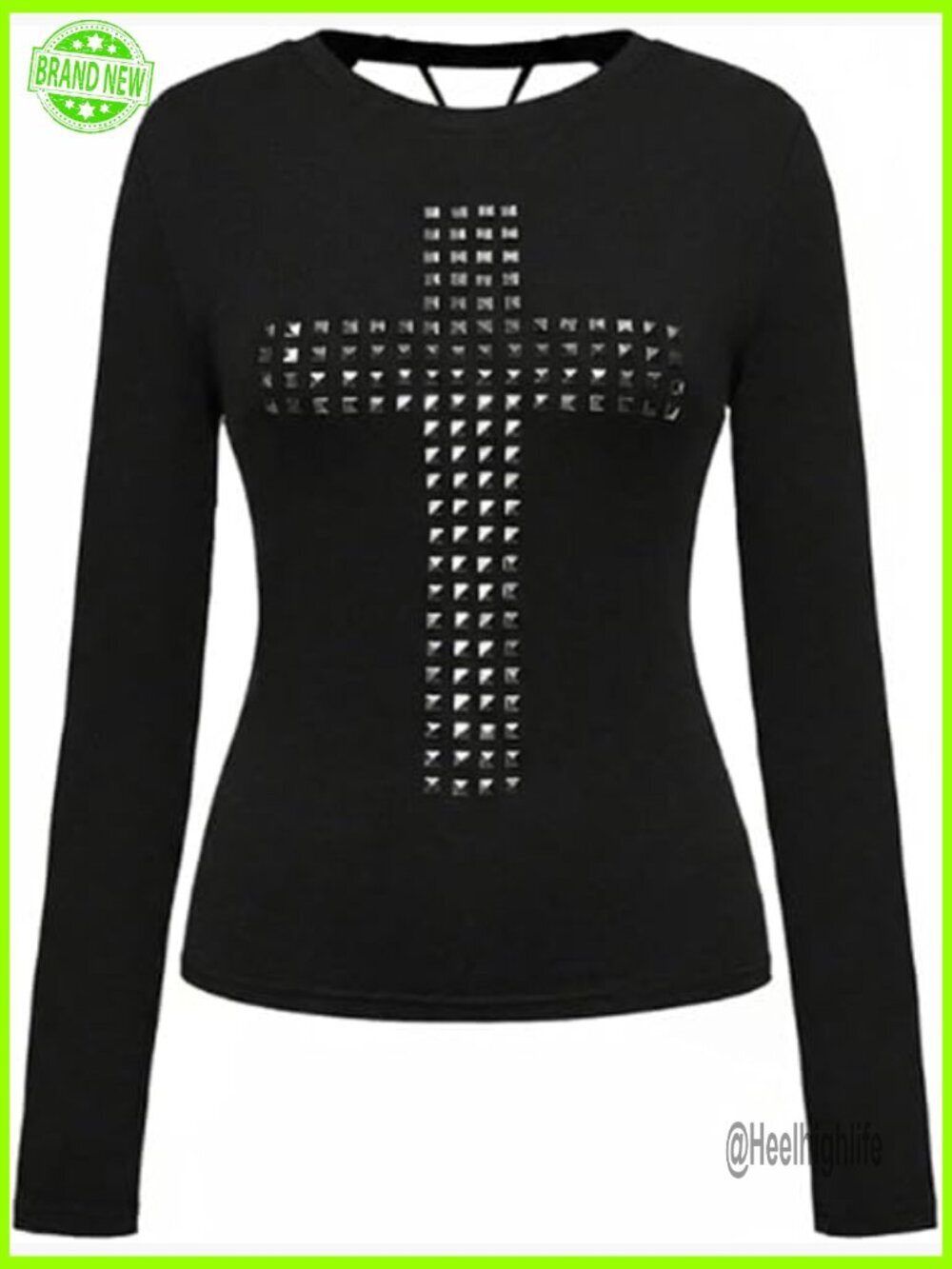 Gothic Cross Rivet Long Sleeve Cut Out Back T-Shirt